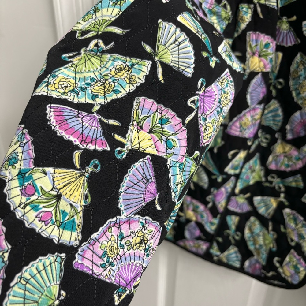 Quilted Zip Jacket Womens XL Black Fan Patterned Art to Wear Colorful Funky - Picture 4 of 9